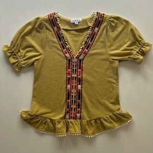 THML Olive Mustard Embroidered Ruffle Blouse Boho V-Neck Size XS Spring Top